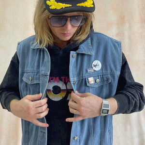 Mens Sleeveless Denim 80's Inspired Jacket with Retro Badges