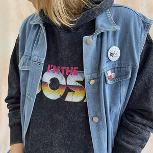 Mens Sleeveless Denim 80's Inspired Jacket with Retro Badges